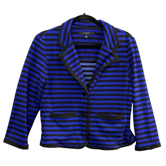 SANDRO Studio Women Crop Blazer Button Front Sz M Blue Black Stripe Office 54-18 - Picture 1 of 9